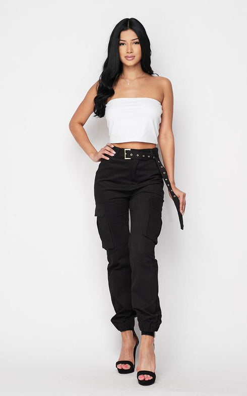 Belted High Waist Cargo Jogger Pants - Black - SohoGirl.com